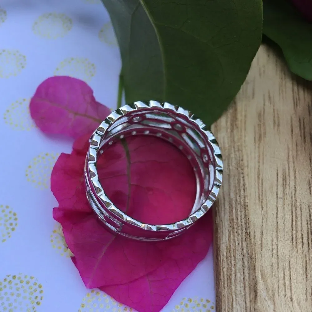 Wide sterling silver CZ cage ring 8